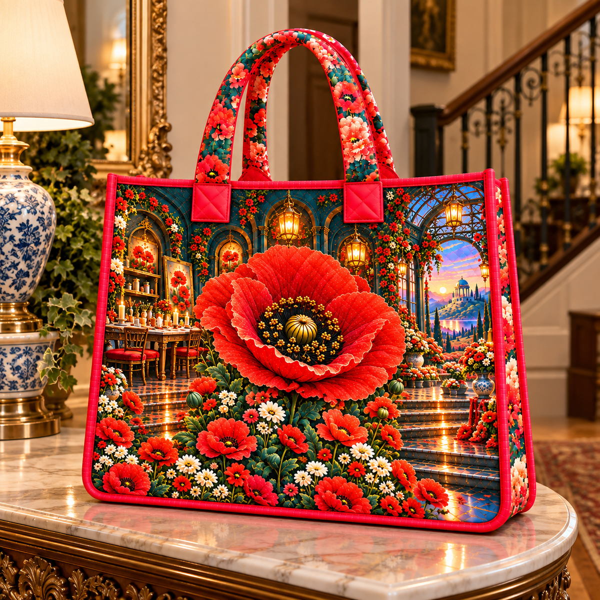 Poppy Welcome Supper Quilted Tote Bag with printed optical 3D artwork in its use setting