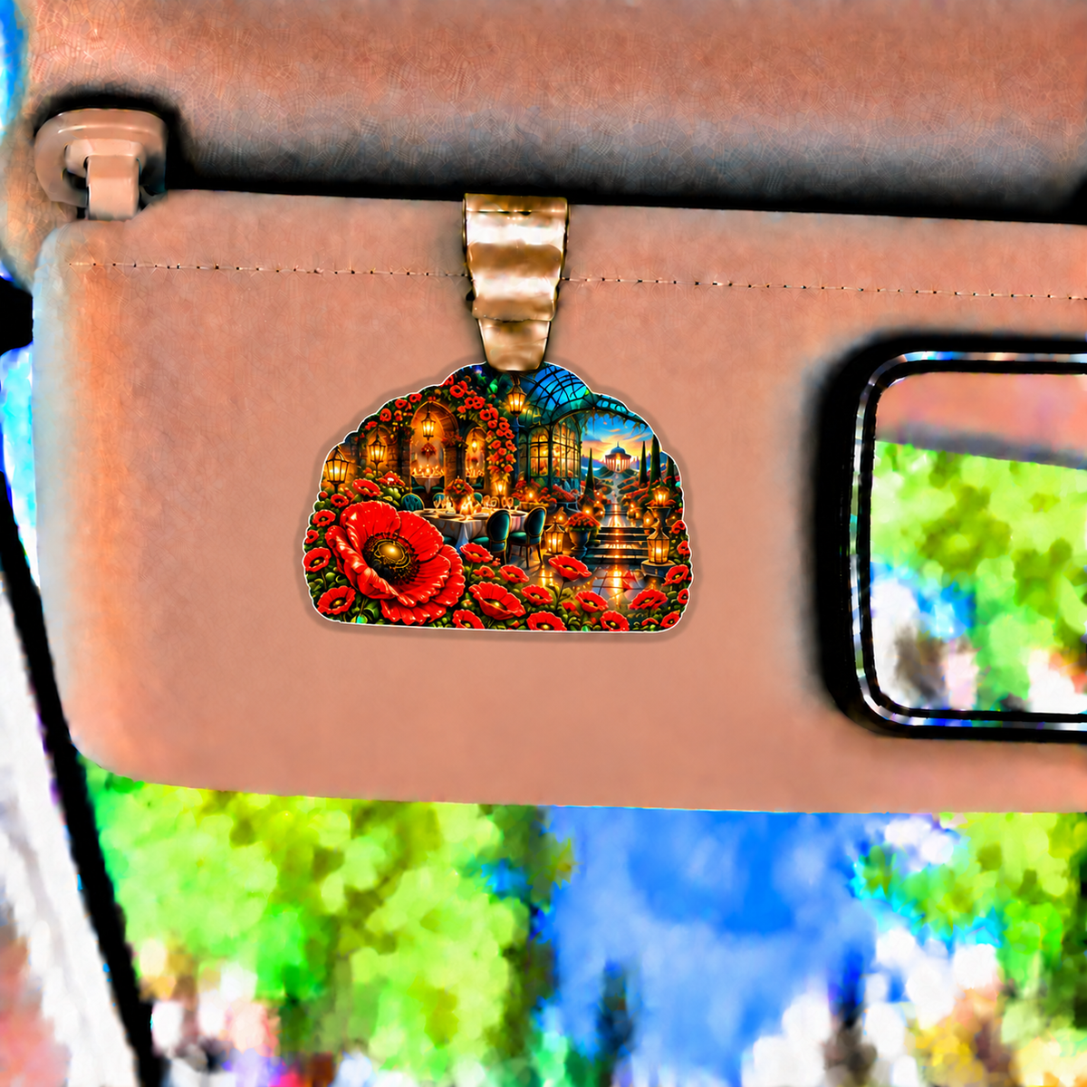 Poppy Welcome Supper Holographic Car Visor Clip with printed optical 3D artwork in its use setting