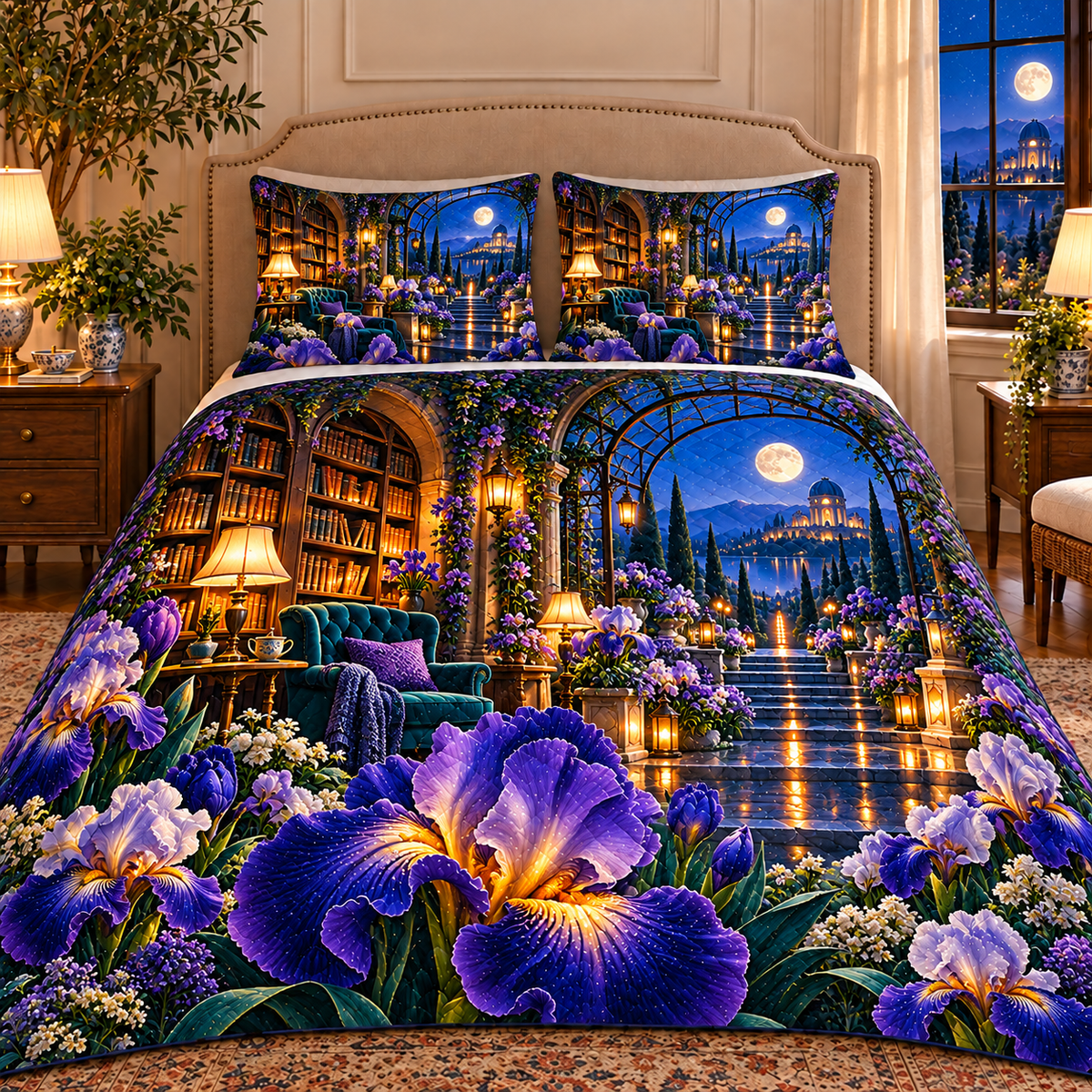Iris Moonlit Library Quilted Bedding Set with printed optical 3D artwork in its use setting