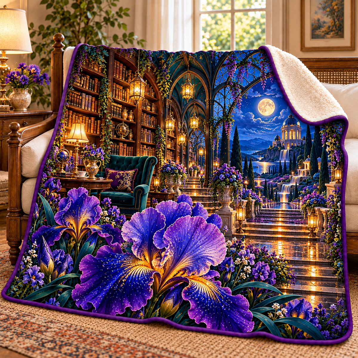 Iris Moonlit Library Sherpa & Fleece Blanket with printed optical 3D artwork in its use setting