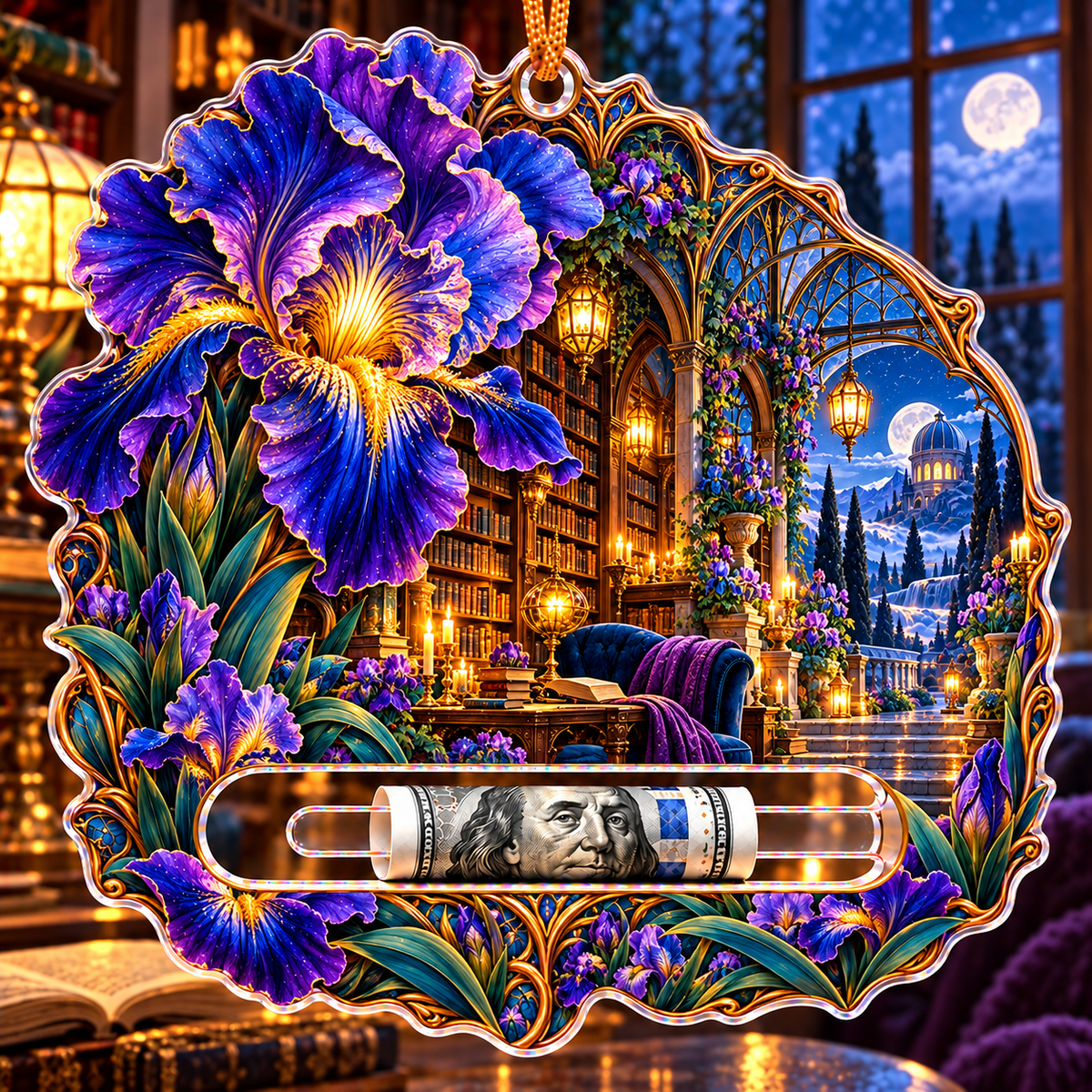 Iris Moonlit Library Acrylic Cash Holder Ornament with printed optical 3D artwork in its use setting