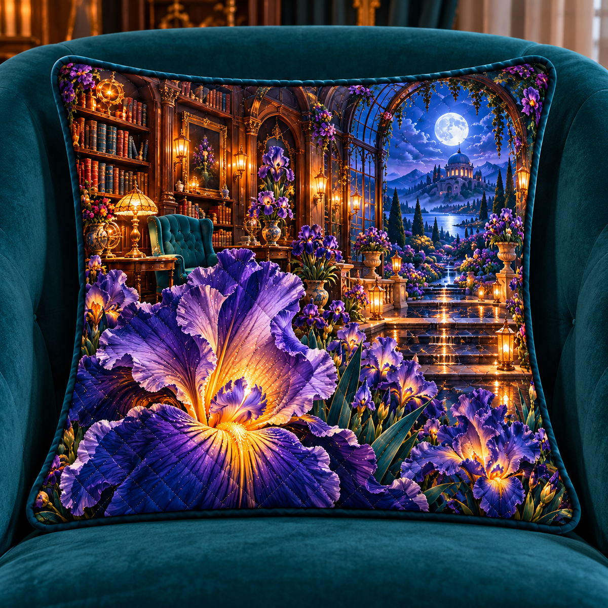 Iris Moonlit Library Quilted Cushion Cover with printed optical 3D artwork in its use setting