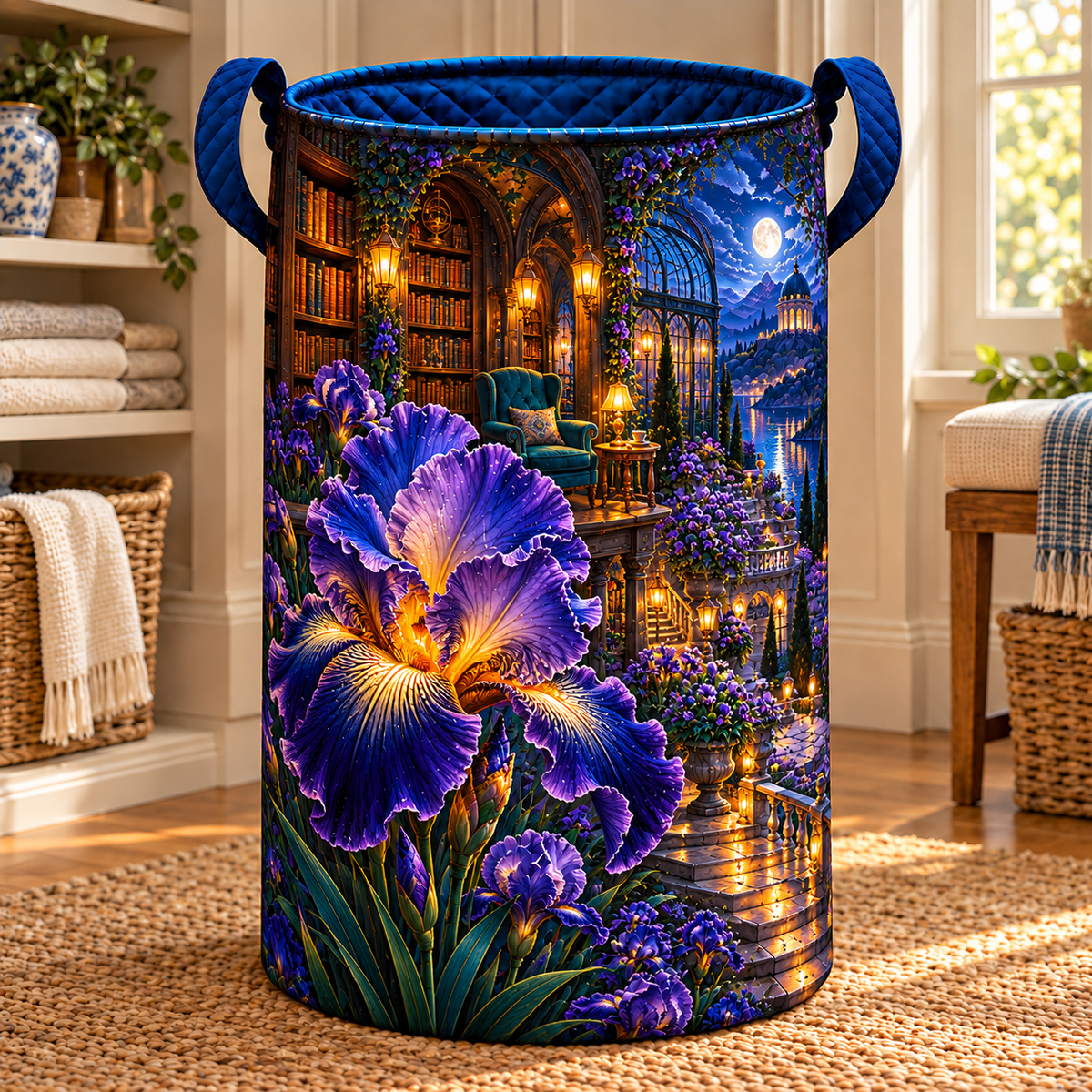 Iris Moonlit Library Laundry Hamper with printed optical 3D artwork in its use setting