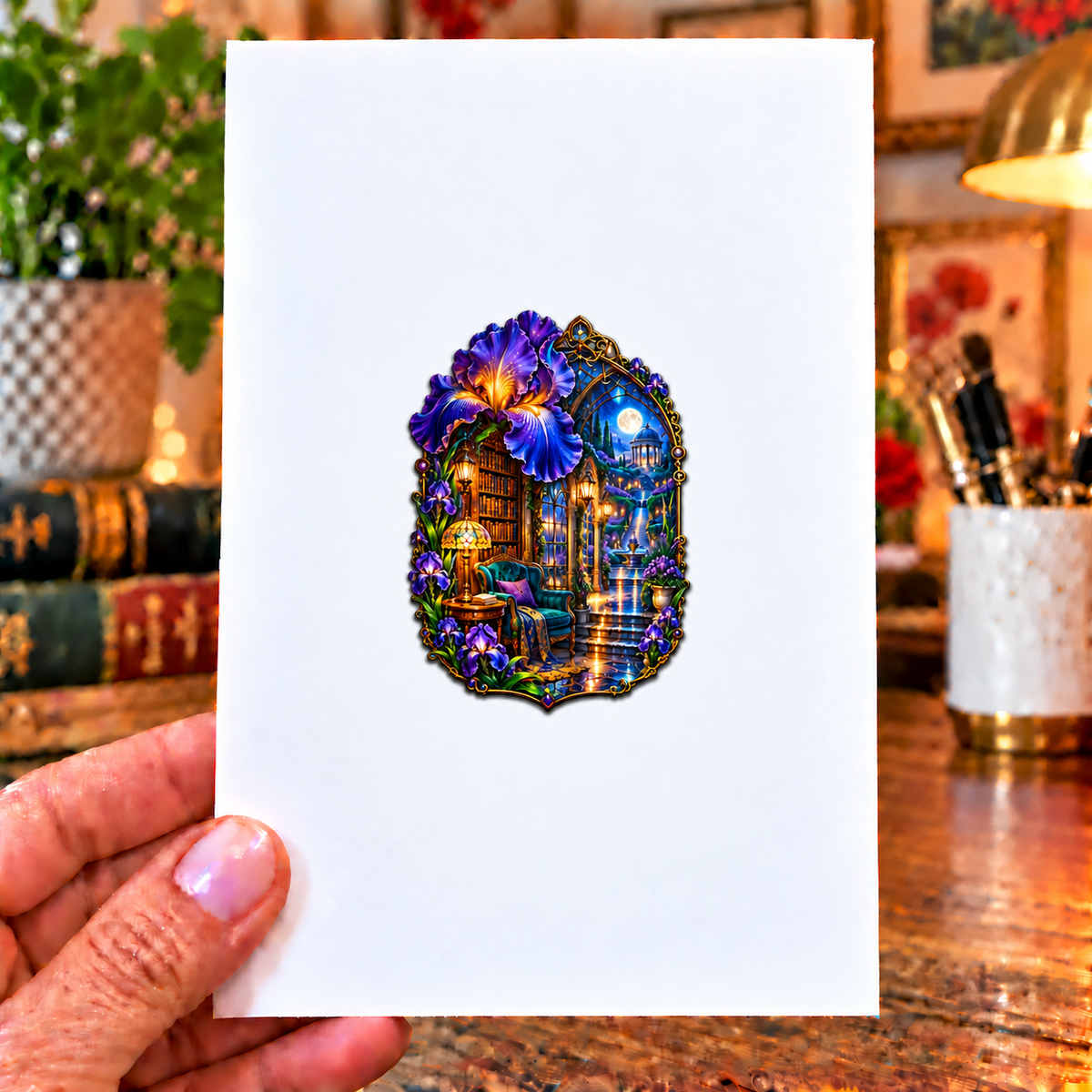Iris Moonlit Library Acrylic Refrigerator Magnet with printed optical 3D artwork in its use setting
