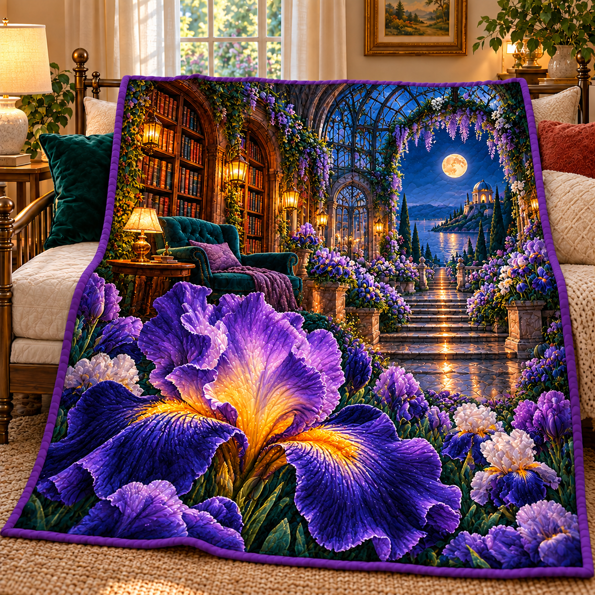 Iris Moonlit Library Quilt Blanket with printed optical 3D artwork in its use setting