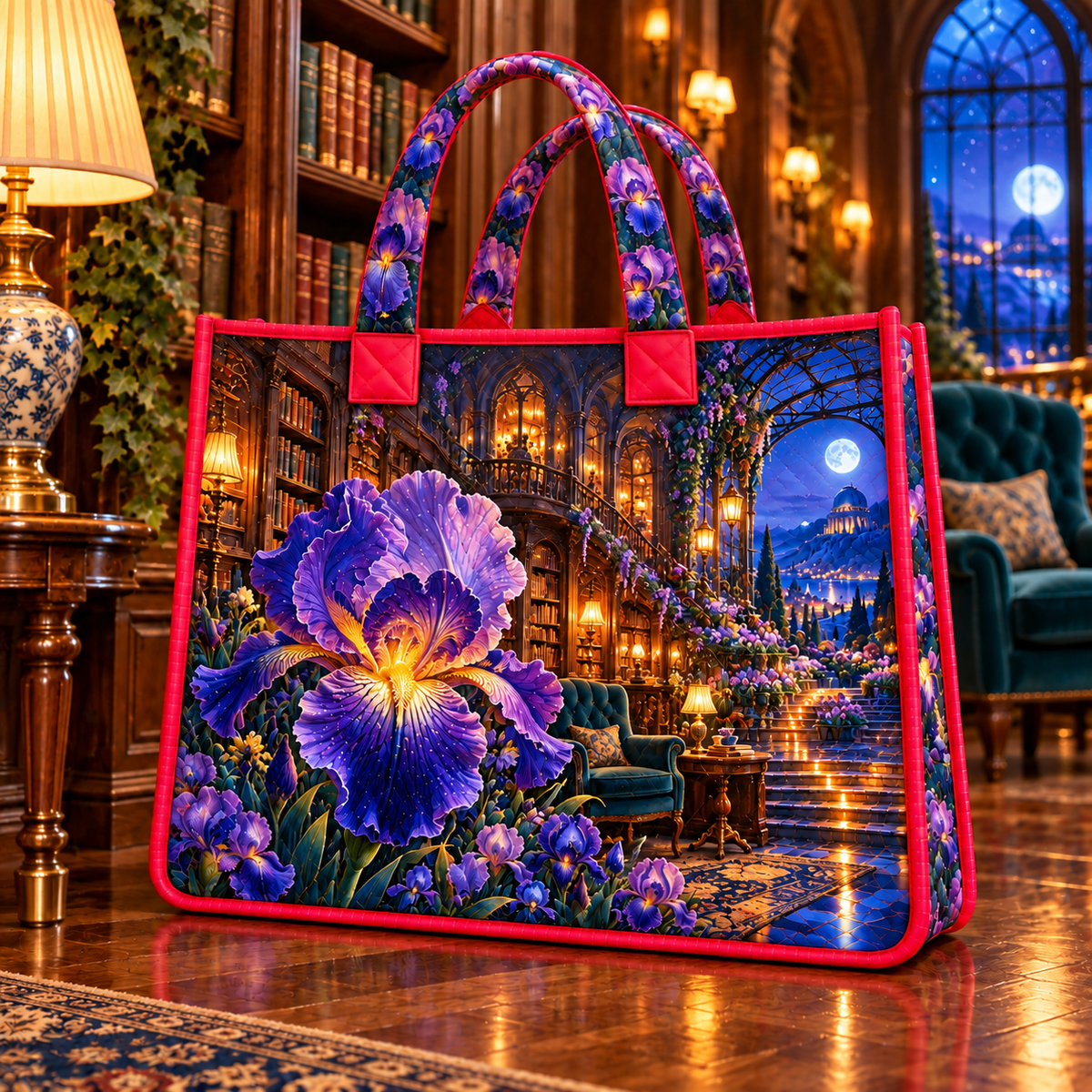 Iris Moonlit Library Quilted Tote Bag with printed optical 3D artwork in its use setting