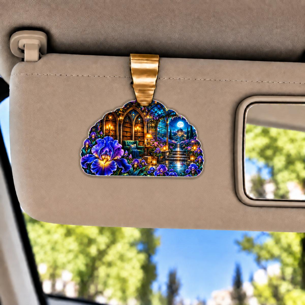 Iris Moonlit Library Holographic Car Visor Clip with printed optical 3D artwork in its use setting