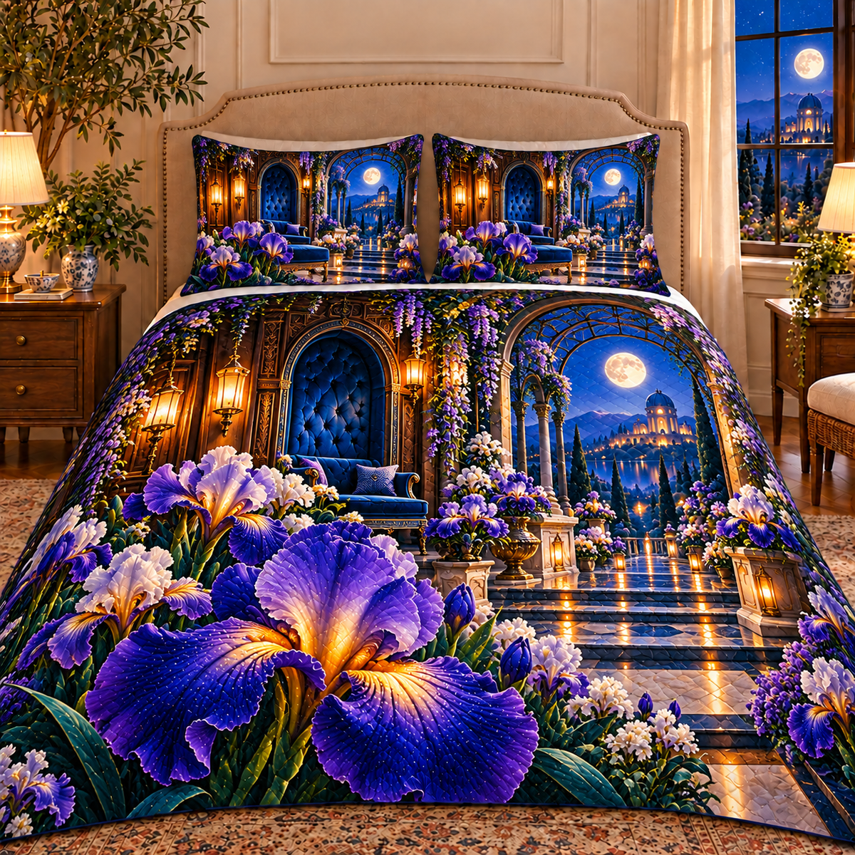 Iris Celestial Boudoir Quilted Bedding Set with printed optical 3D artwork in its use setting