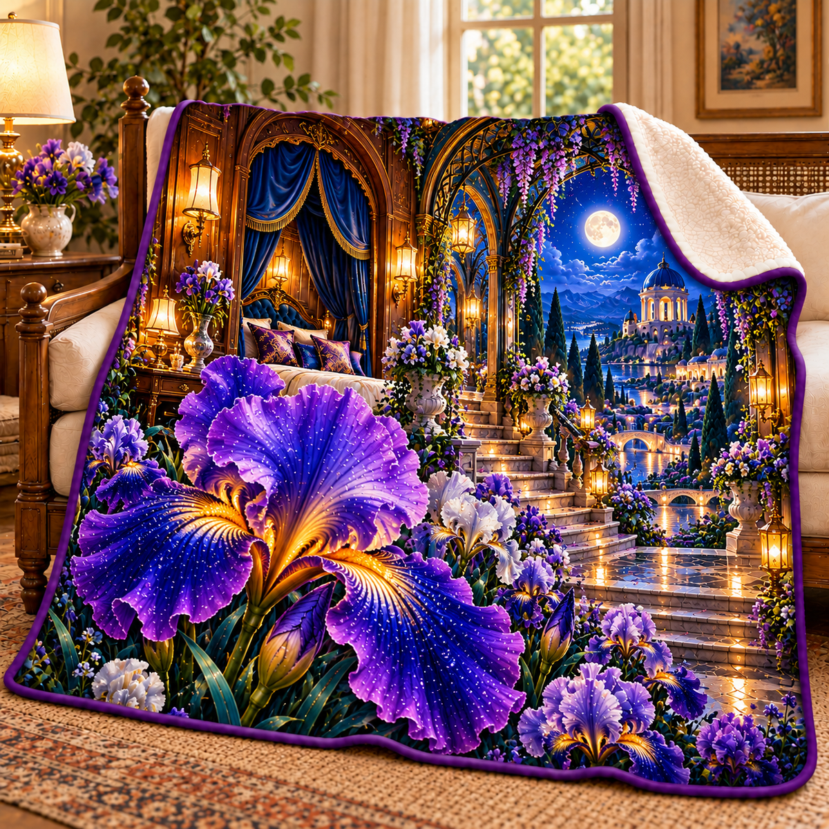Iris Celestial Boudoir Sherpa & Fleece Blanket with printed optical 3D artwork in its use setting