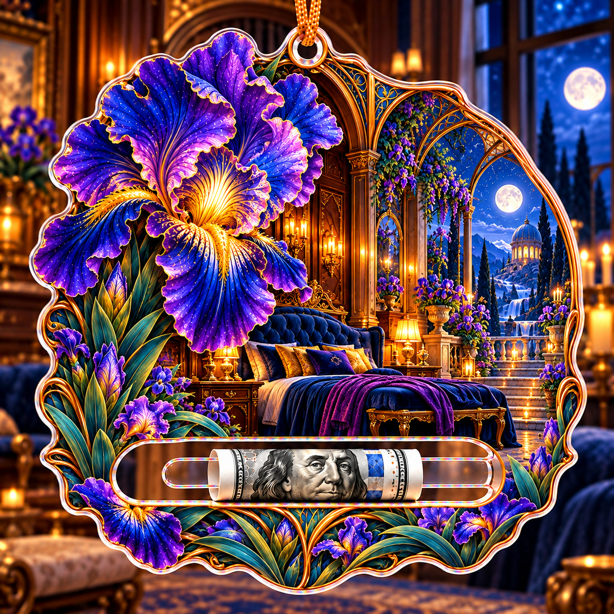 Iris Celestial Boudoir Acrylic Cash Holder Ornament with printed optical 3D artwork in its use setting