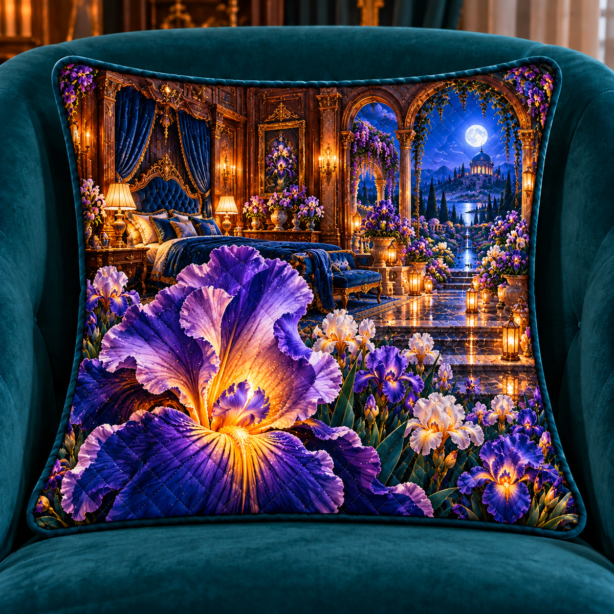 Iris Celestial Boudoir Quilted Cushion Cover with printed optical 3D artwork in its use setting