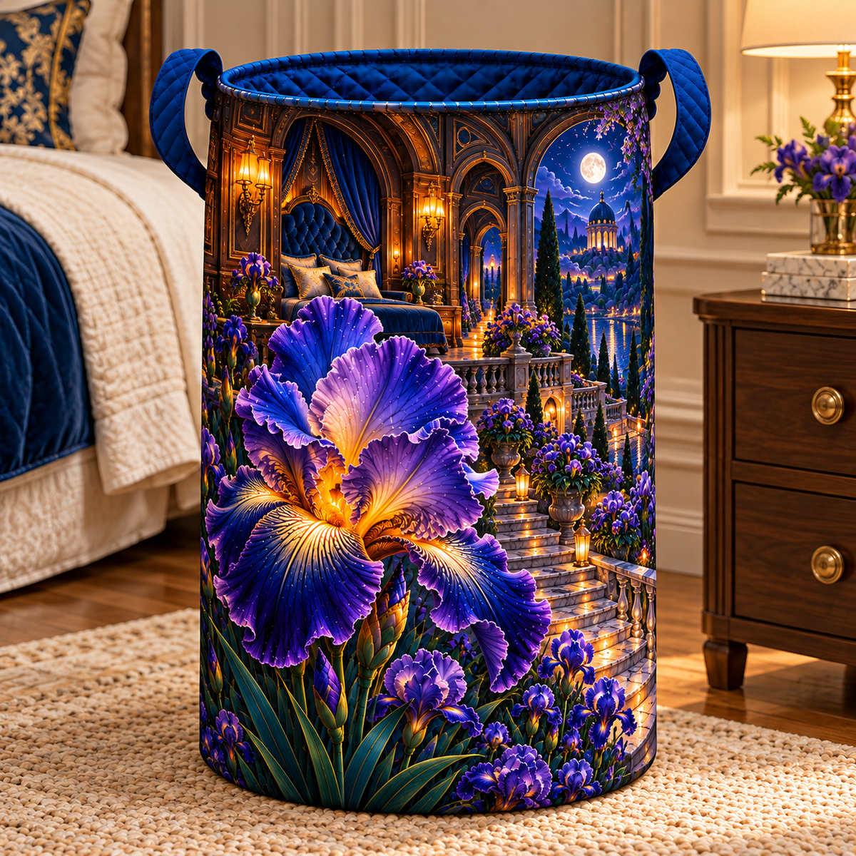 Iris Celestial Boudoir Laundry Hamper with printed optical 3D artwork in its use setting