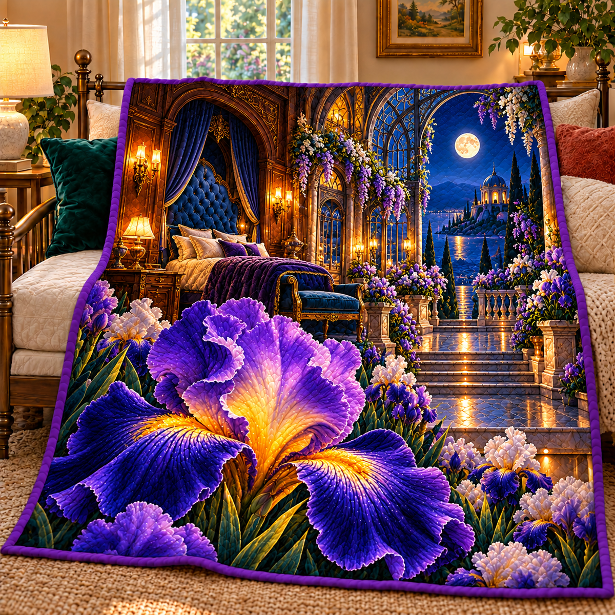 Iris Celestial Boudoir Quilt Blanket with printed optical 3D artwork in its use setting