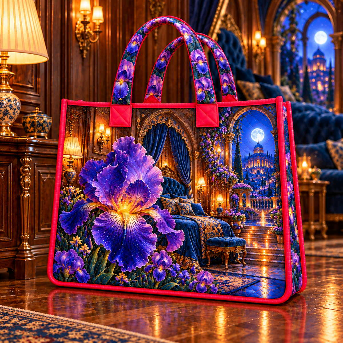 Iris Celestial Boudoir Quilted Tote Bag with printed optical 3D artwork in its use setting