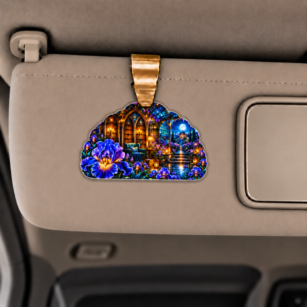 Iris Celestial Boudoir Holographic Car Visor Clip with printed optical 3D artwork in its use setting