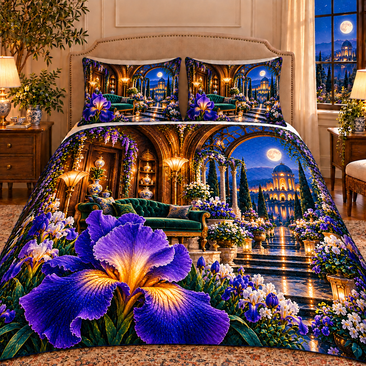 Iris Grand Salon Quilted Bedding Set with printed optical 3D artwork in its use setting