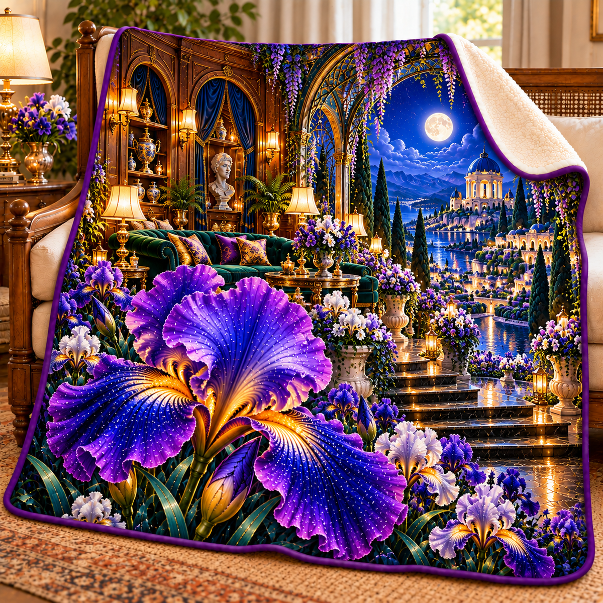 Iris Grand Salon Sherpa & Fleece Blanket with printed optical 3D artwork in its use setting