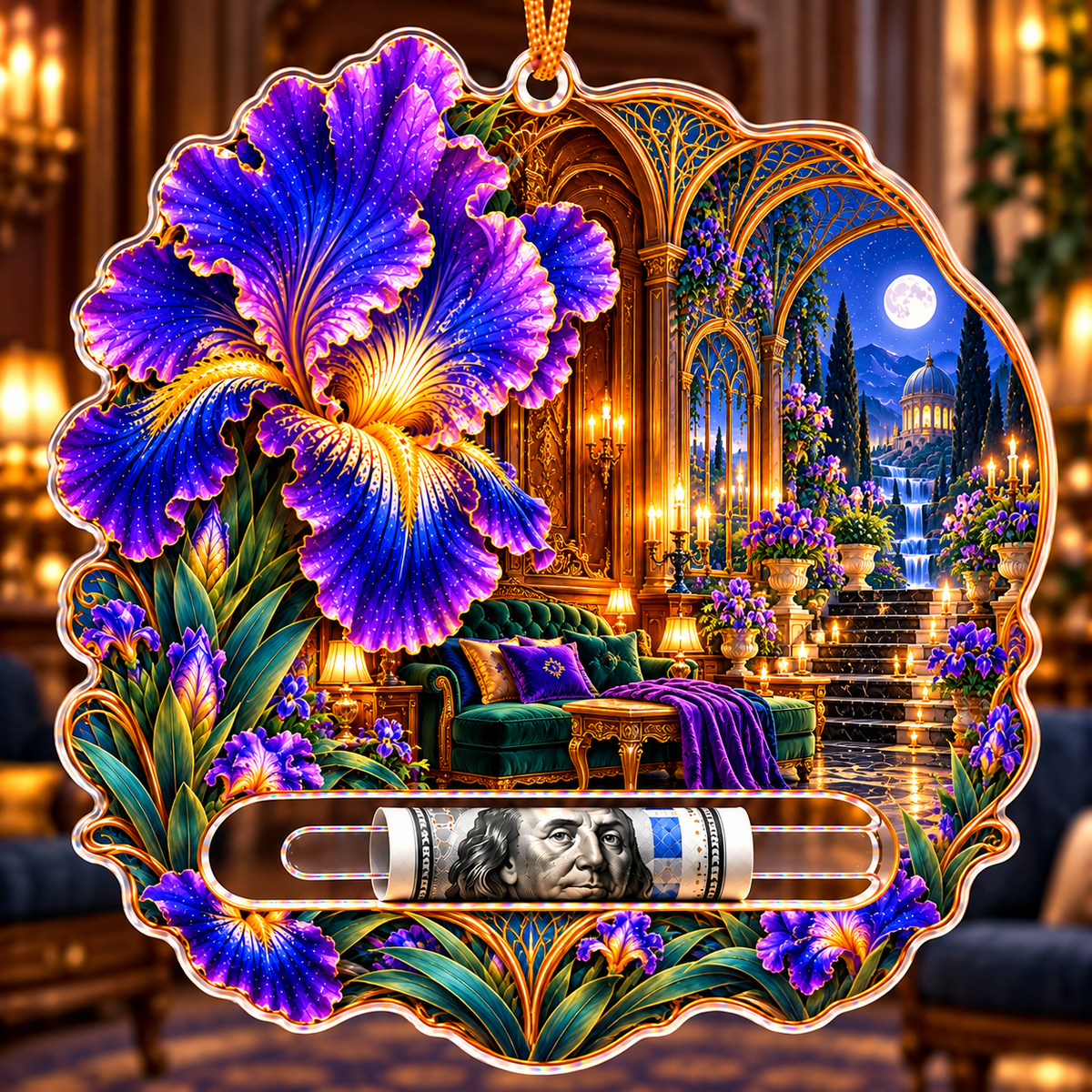 Iris Grand Salon Acrylic Cash Holder Ornament with printed optical 3D artwork in its use setting