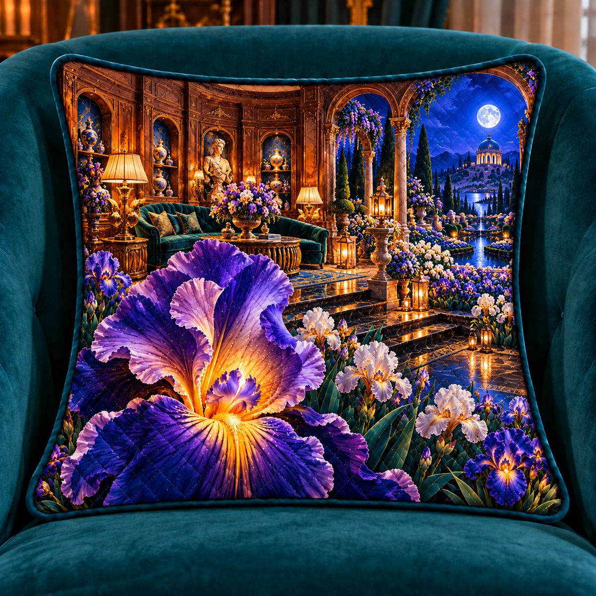 Iris Grand Salon Quilted Cushion Cover with printed optical 3D artwork in its use setting