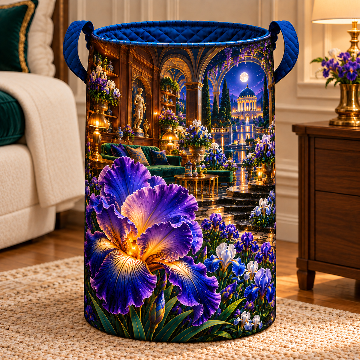 Iris Grand Salon Laundry Hamper with printed optical 3D artwork in its use setting