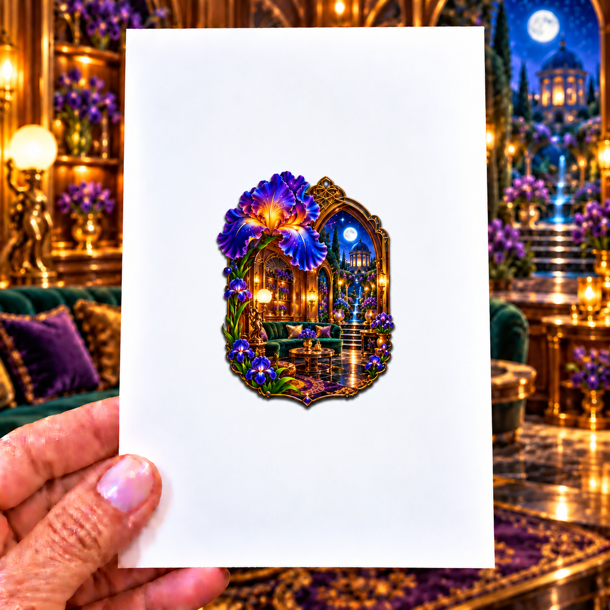 Iris Grand Salon Acrylic Refrigerator Magnet with printed optical 3D artwork in its use setting