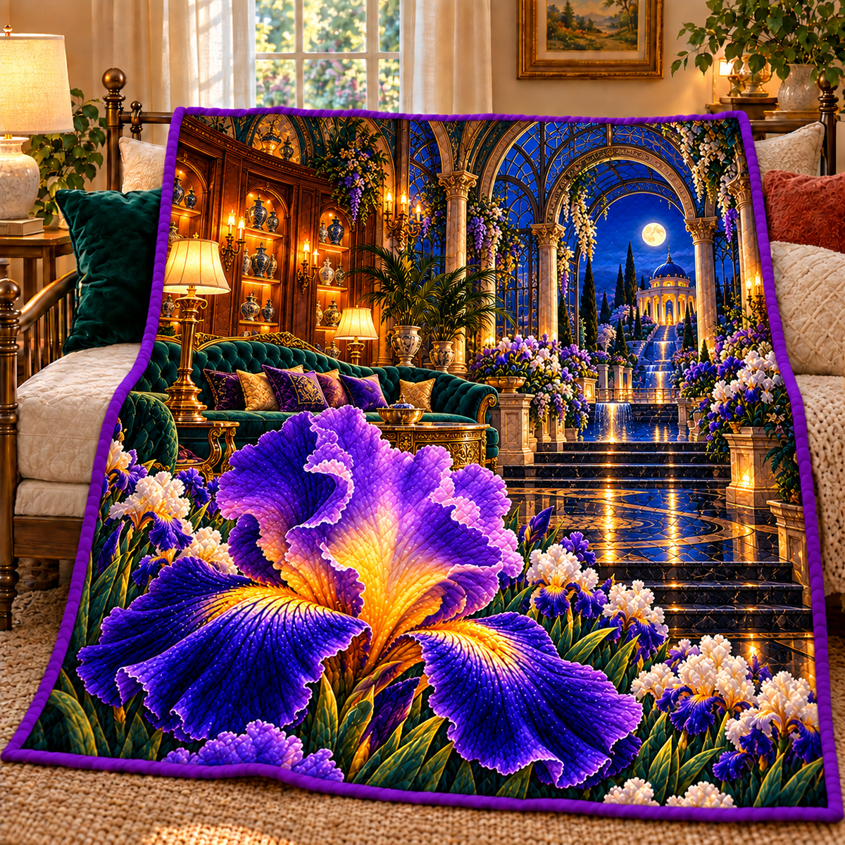 Iris Grand Salon Quilt Blanket with printed optical 3D artwork in its use setting