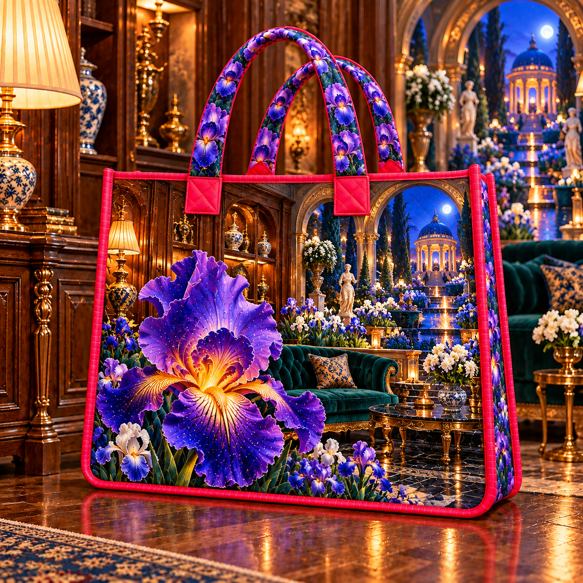 Iris Grand Salon Quilted Tote Bag with printed optical 3D artwork in its use setting