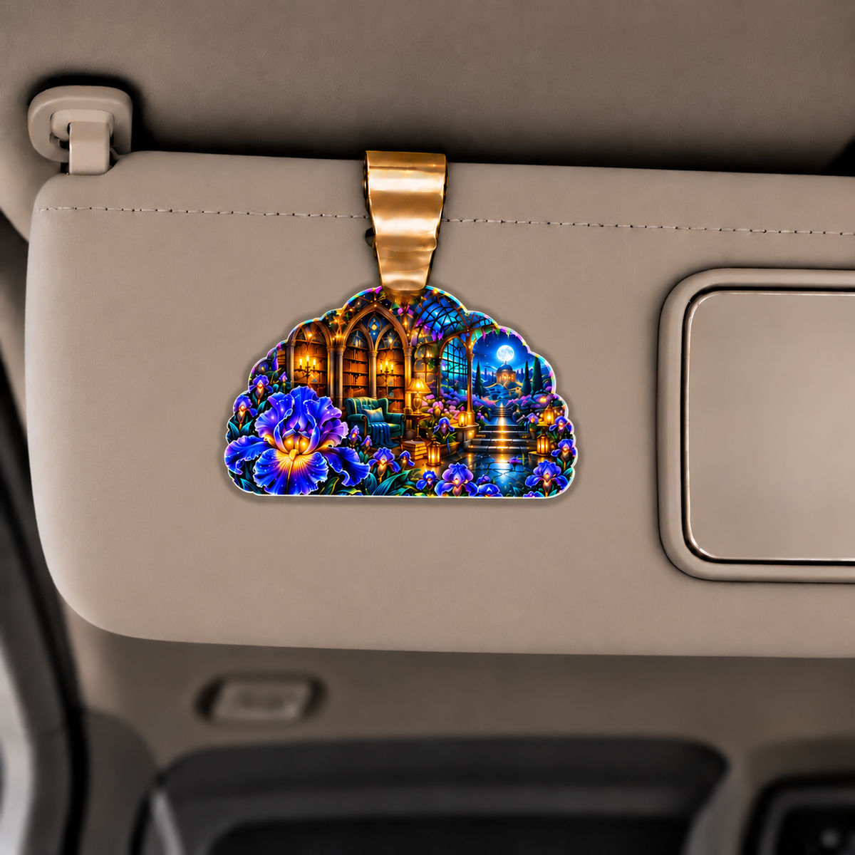 Iris Grand Salon Holographic Car Visor Clip with printed optical 3D artwork in its use setting