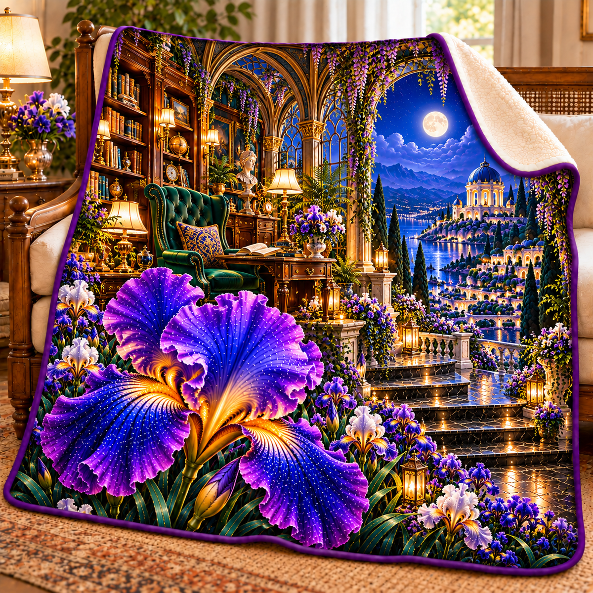 Iris Scholar Atrium Sherpa & Fleece Blanket with printed optical 3D artwork in its use setting