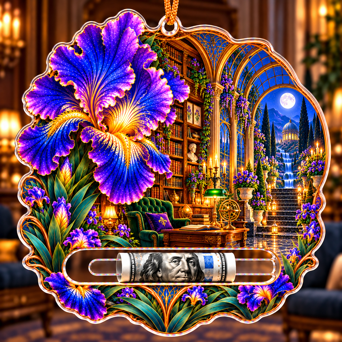 Iris Scholar Atrium Acrylic Cash Holder Ornament with printed optical 3D artwork in its use setting