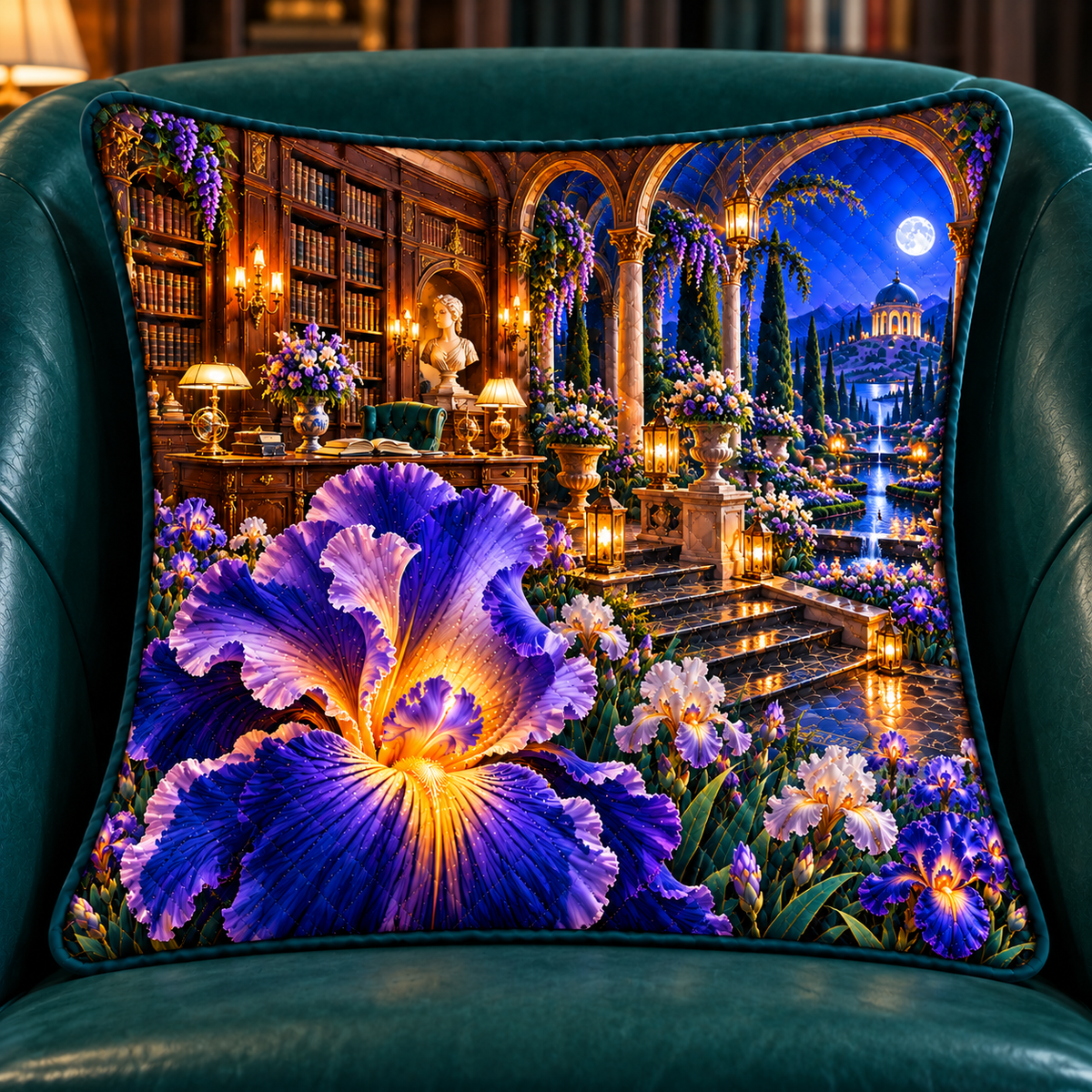 Iris Scholar Atrium Quilted Cushion Cover with printed optical 3D artwork in its use setting