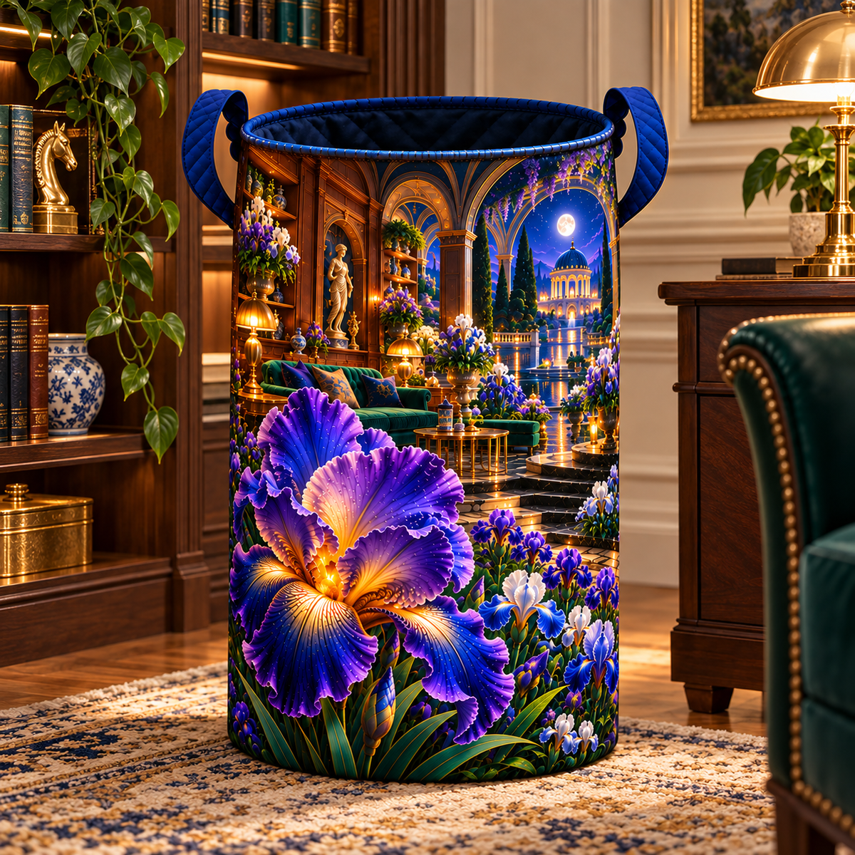 Iris Scholar Atrium Laundry Hamper with printed optical 3D artwork in its use setting