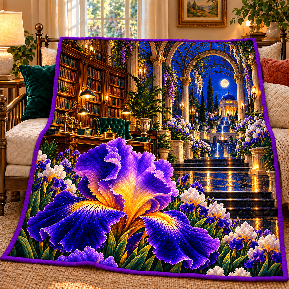 Iris Scholar Atrium Quilt Blanket with printed optical 3D artwork in its use setting