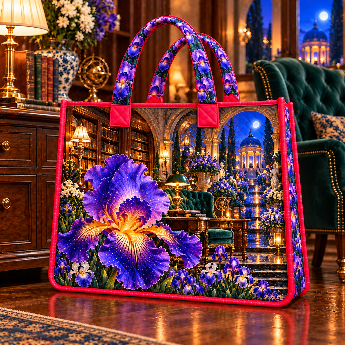 Iris Scholar Atrium Quilted Tote Bag with printed optical 3D artwork in its use setting