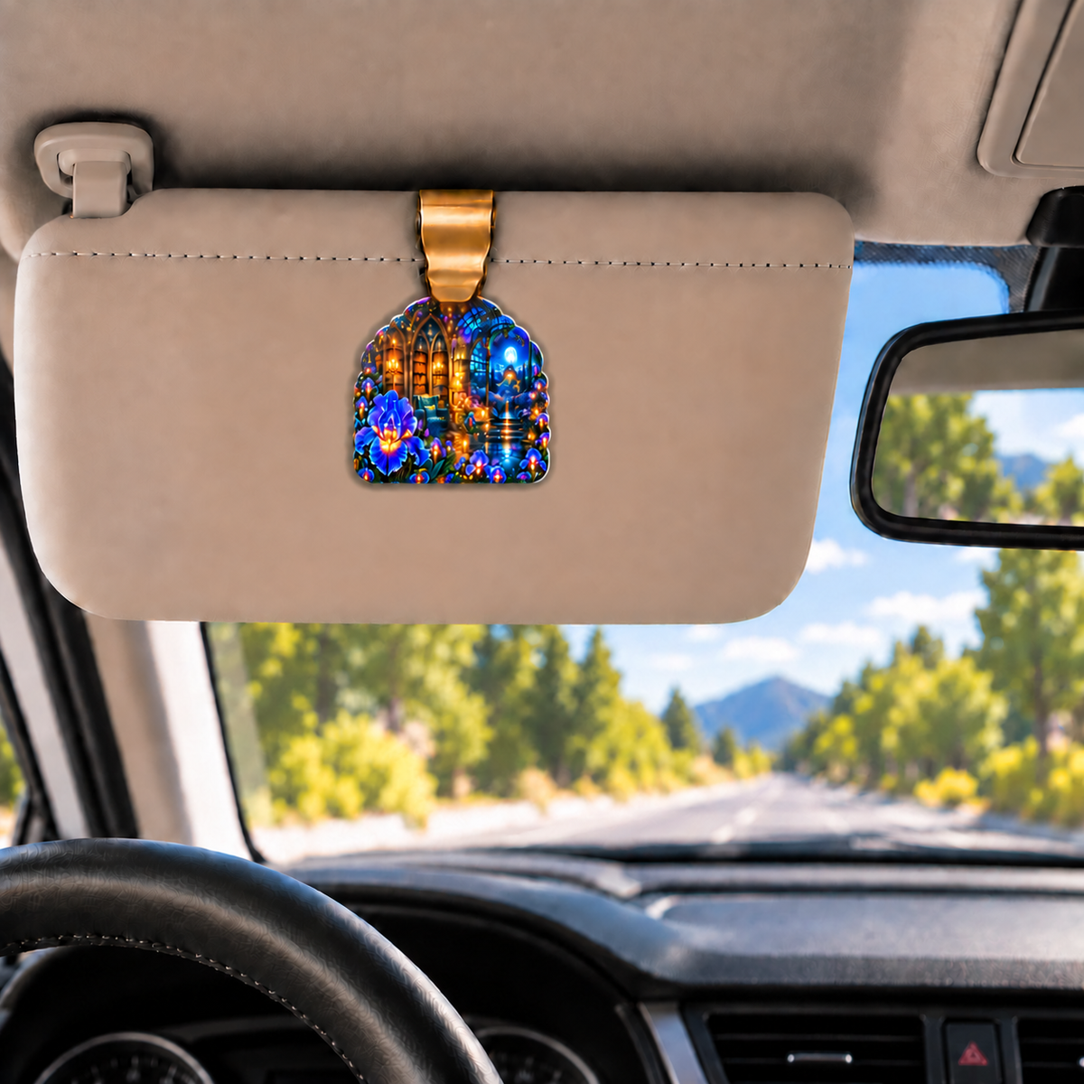 Iris Scholar Atrium Holographic Car Visor Clip with printed optical 3D artwork in its use setting