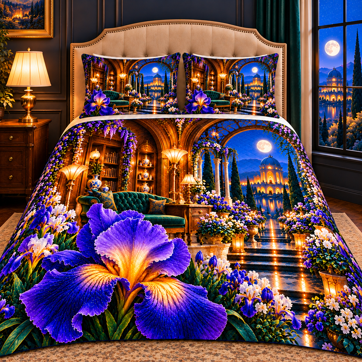 Iris Welcome Conservatory Quilted Bedding Set with printed optical 3D artwork in its use setting