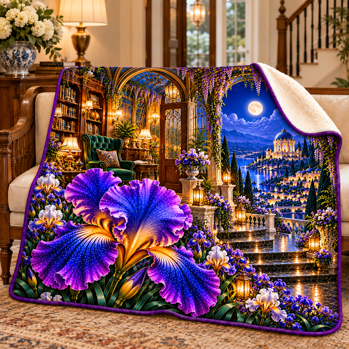Iris Welcome Conservatory Sherpa & Fleece Blanket with printed optical 3D artwork in its use setting