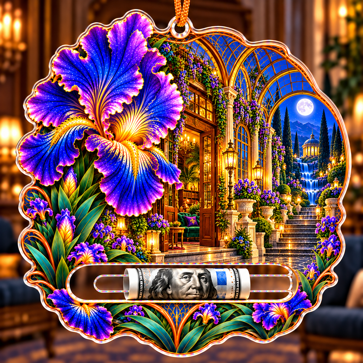 Iris Welcome Conservatory Acrylic Cash Holder Ornament with printed optical 3D artwork in its use setting