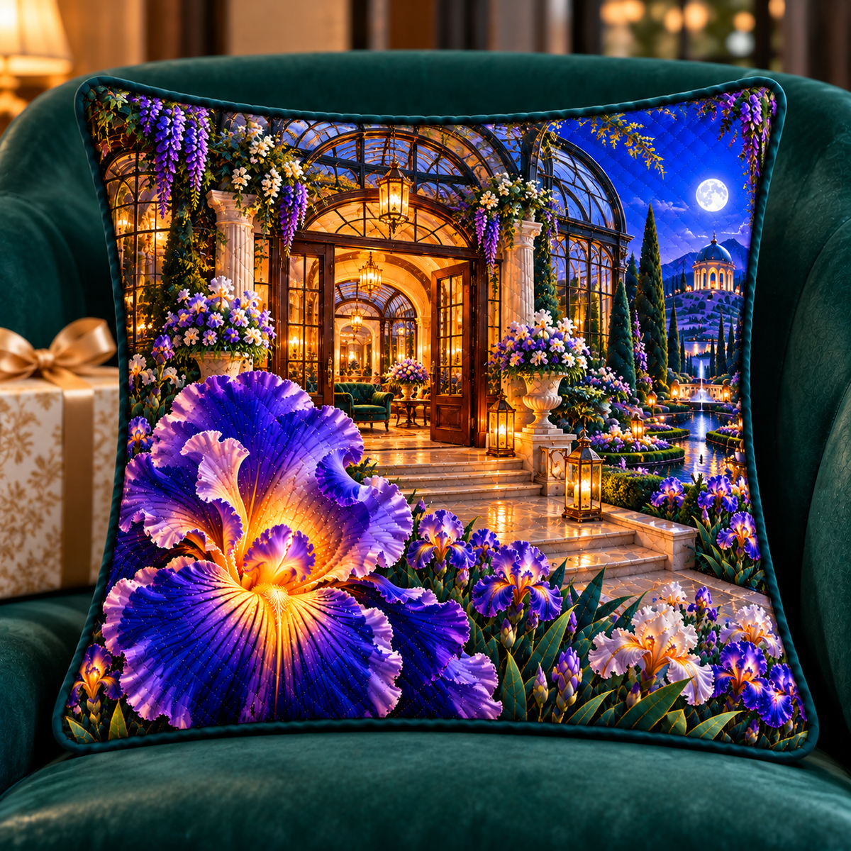 Iris Welcome Conservatory Quilted Cushion Cover with printed optical 3D artwork in its use setting
