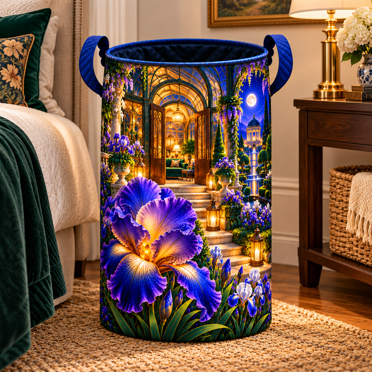 Iris Welcome Conservatory Laundry Hamper with printed optical 3D artwork in its use setting