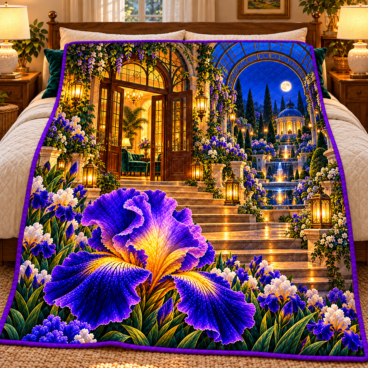Iris Welcome Conservatory Quilt Blanket with printed optical 3D artwork in its use setting