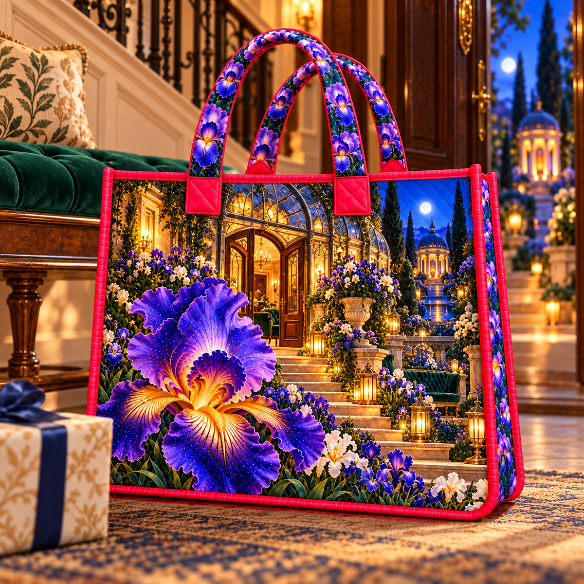 Iris Welcome Conservatory Quilted Tote Bag with printed optical 3D artwork in its use setting