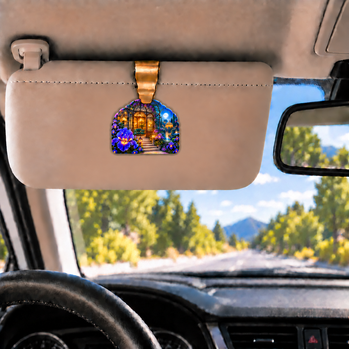 Iris Welcome Conservatory Holographic Car Visor Clip with printed optical 3D artwork in its use setting