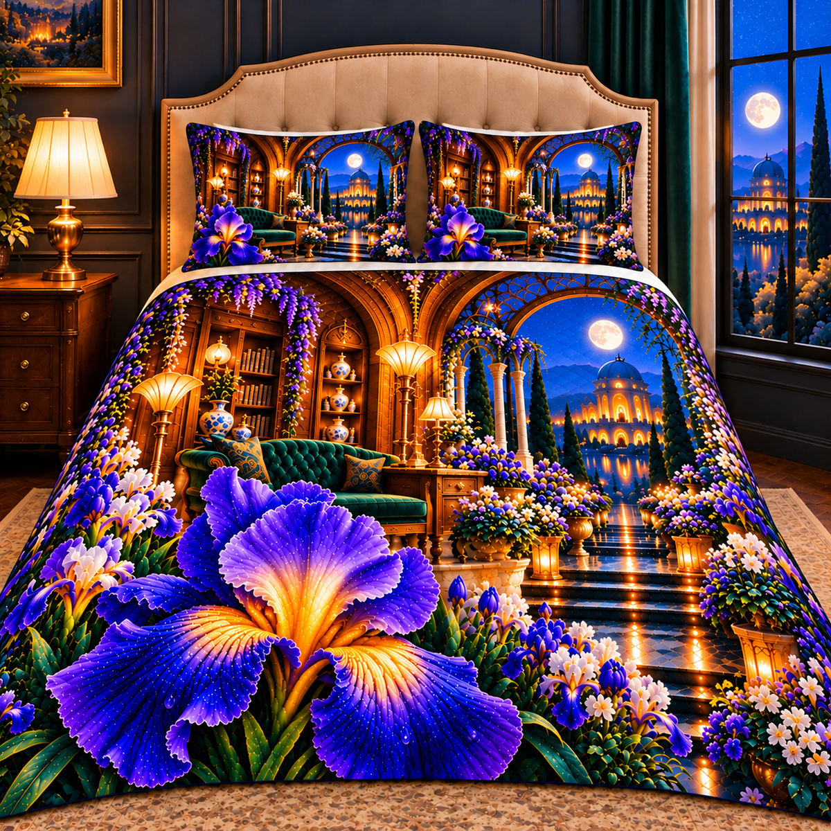 Iris Whisper Nook Quilted Bedding Set with printed optical 3D artwork in its use setting