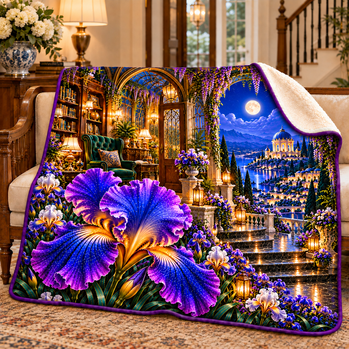 Iris Whisper Nook Sherpa & Fleece Blanket with printed optical 3D artwork in its use setting