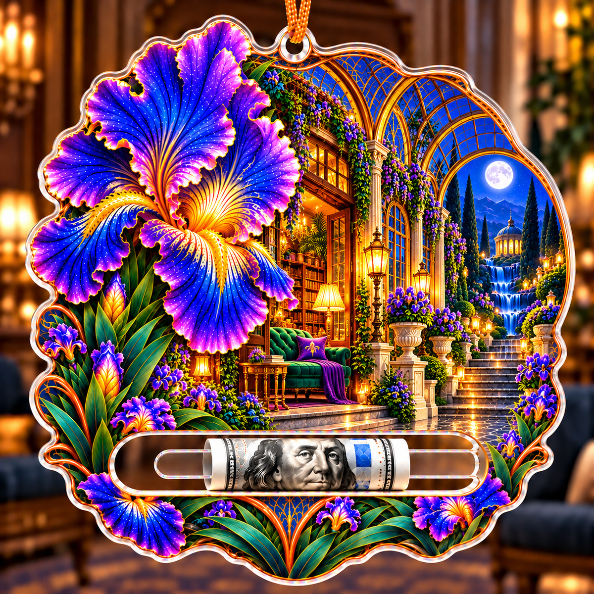 Iris Whisper Nook Acrylic Cash Holder Ornament with printed optical 3D artwork in its use setting
