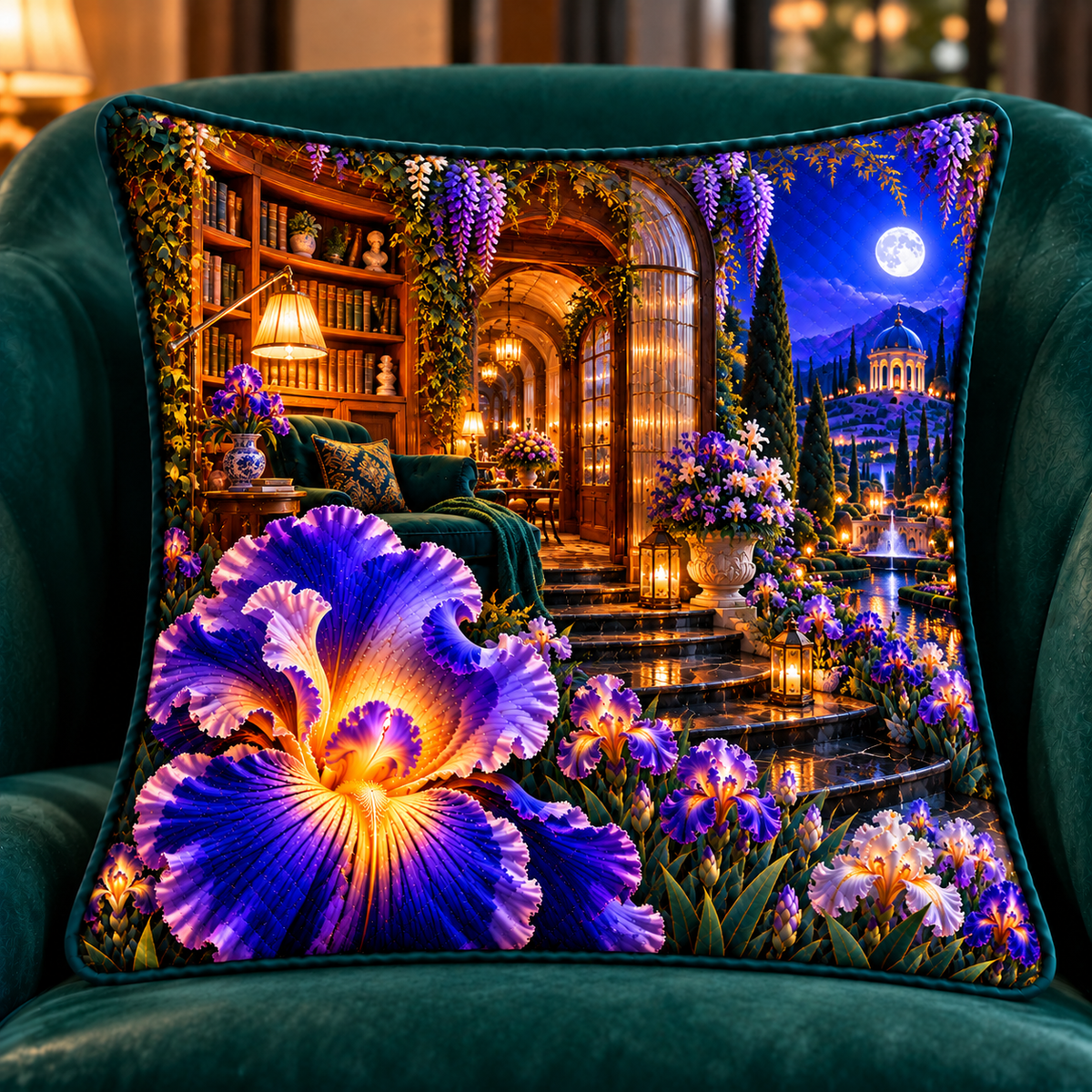 Iris Whisper Nook Quilted Cushion Cover with printed optical 3D artwork in its use setting