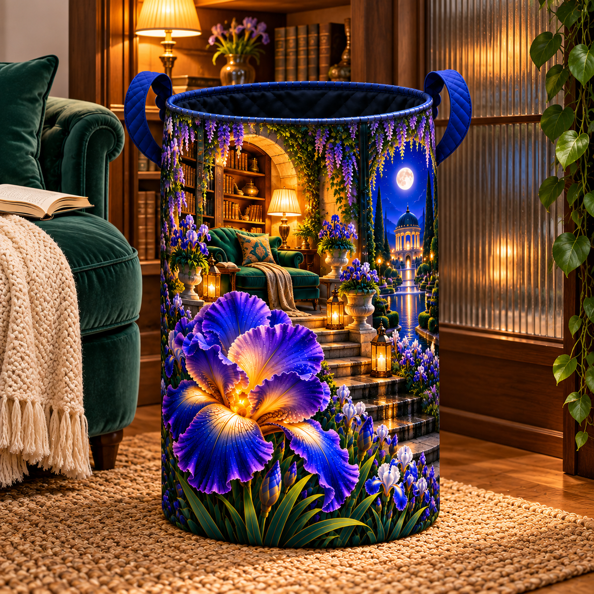 Iris Whisper Nook Laundry Hamper with printed optical 3D artwork in its use setting