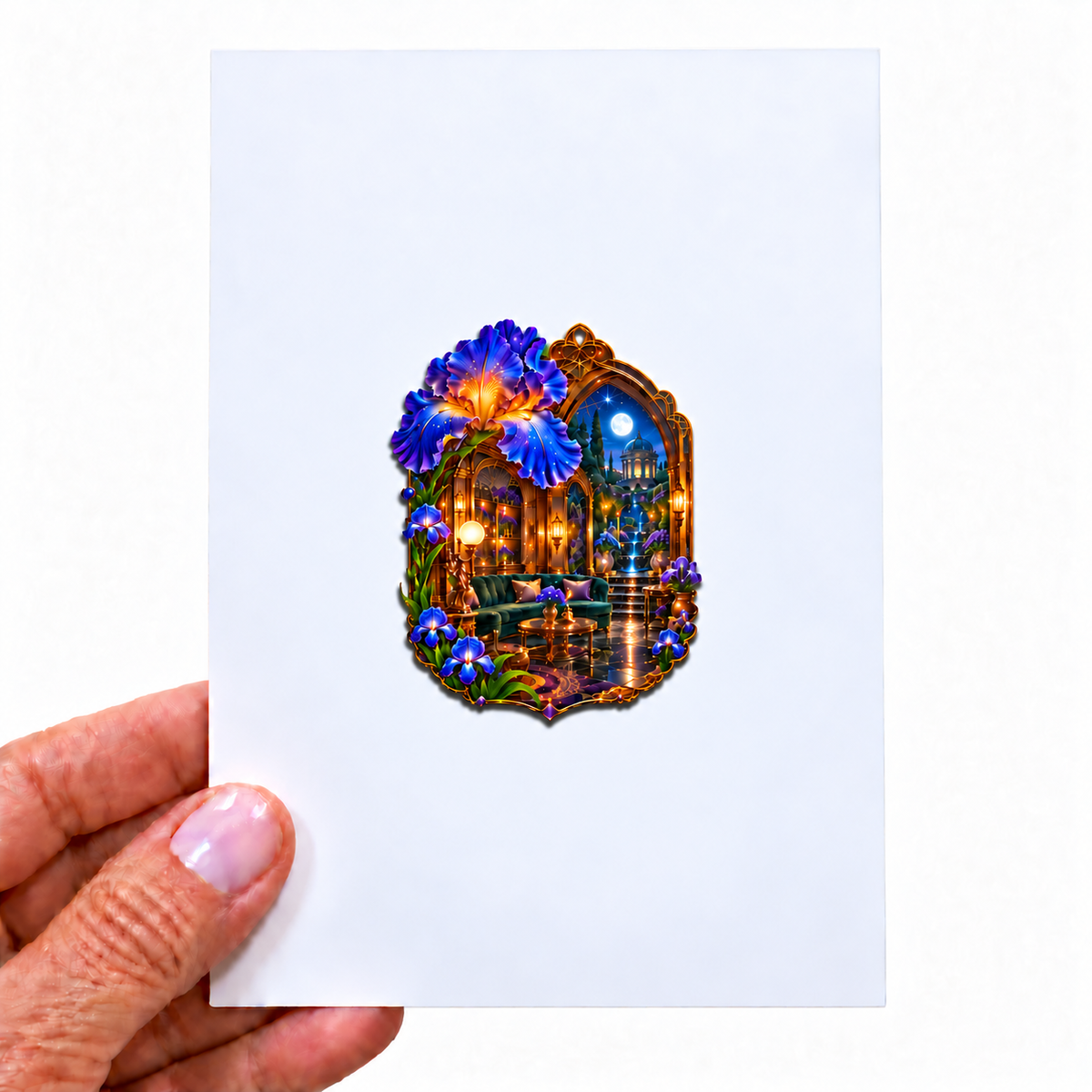 Iris Whisper Nook Acrylic Refrigerator Magnet with printed optical 3D artwork in its use setting