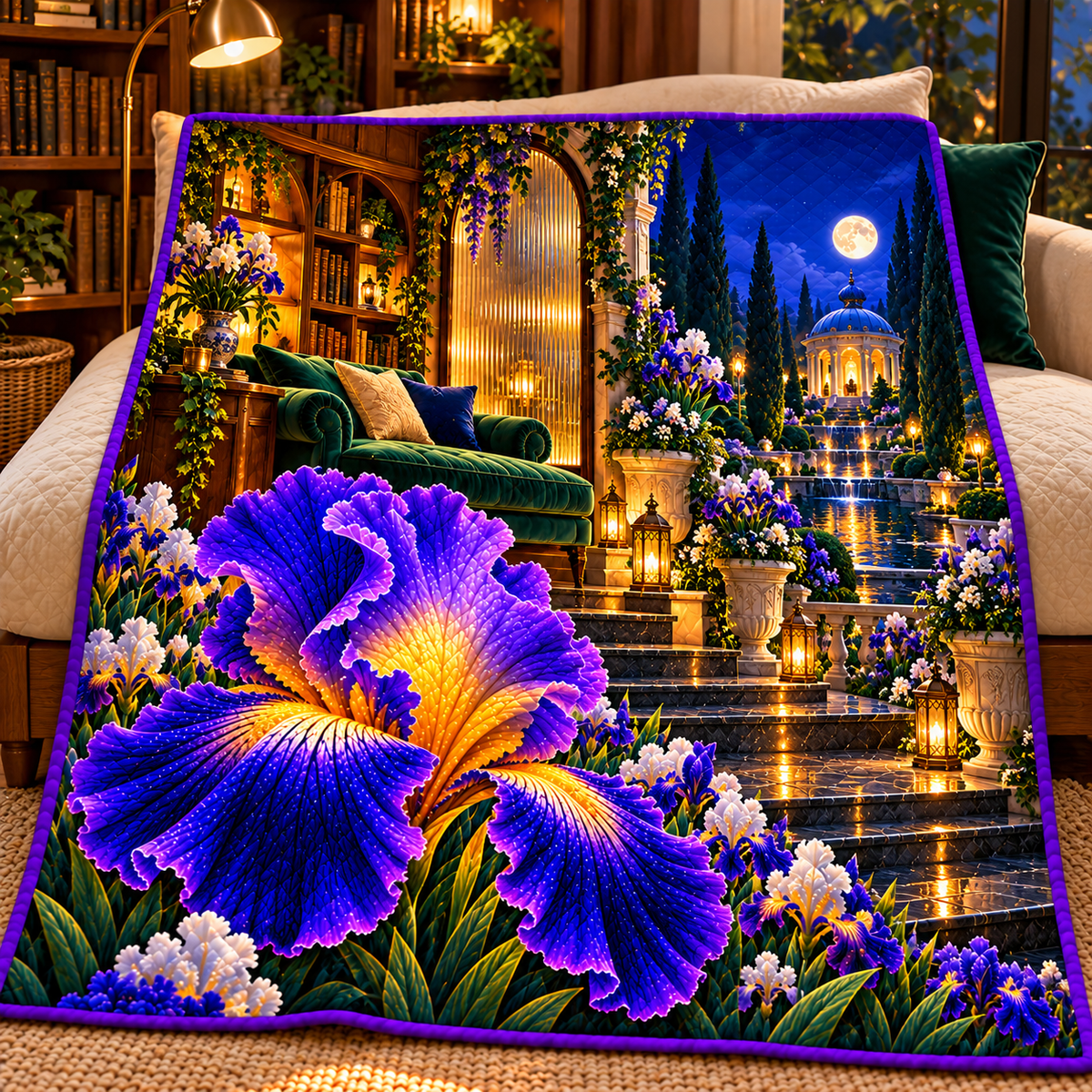 Iris Whisper Nook Quilt Blanket with printed optical 3D artwork in its use setting